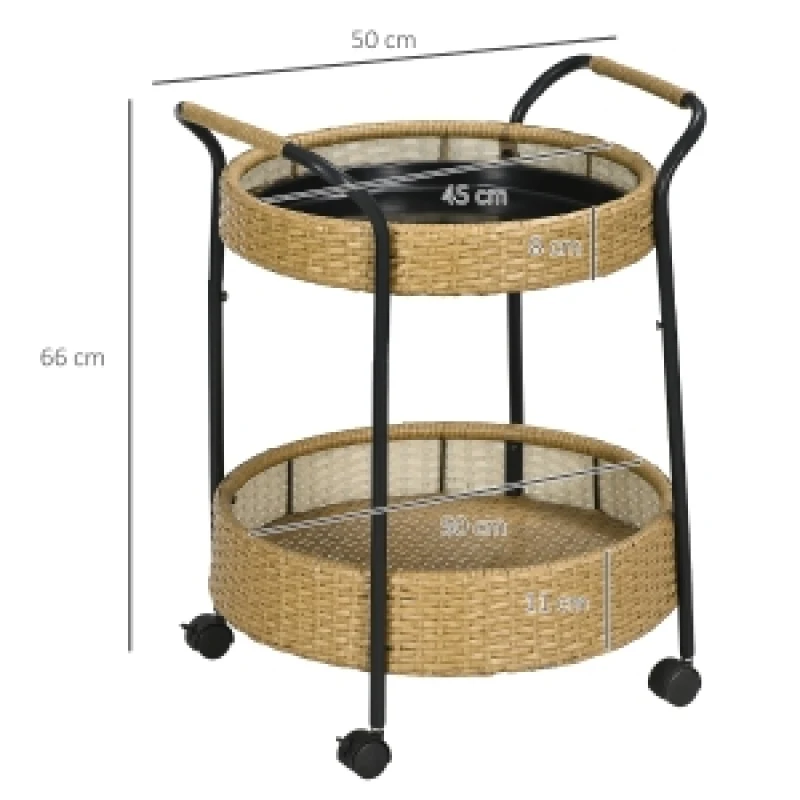 Chariot de service, Φ50 x 66 cm, chariot en rotin avec 2 étagères, chariot de jardin, chariot de cuisine rond avec poignées, chariot de bar d'extérieur, naturel