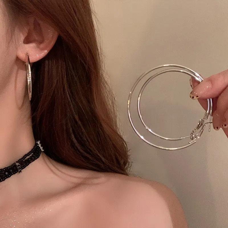 Oversized Circle Hoop Earrings Silver Tone Durable Hypoallergenic Chunky Statement Elegant Versatile Everyday Wear for Women