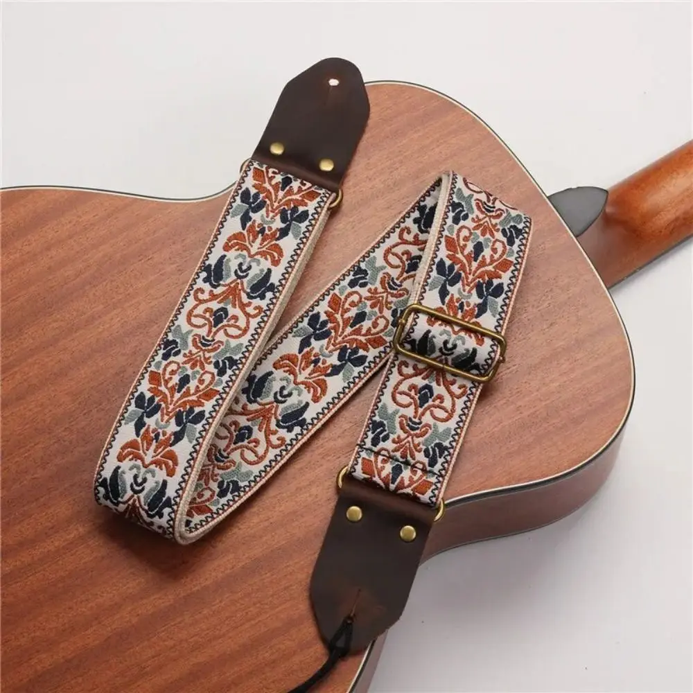 Vintage Flowers Embroidered Guitar Strap Leather Head Adjustable Guitar Strap Belt Ultra Thick Tail Nail Pick