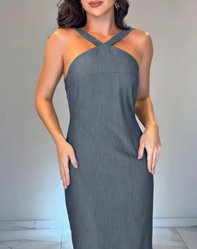 

Women's Slim Fit, Hip Bag, Zipper Back Slit, Backless Dress Strap Details, Backless Slim Fit Dress, Summer Solid Color, Elegant