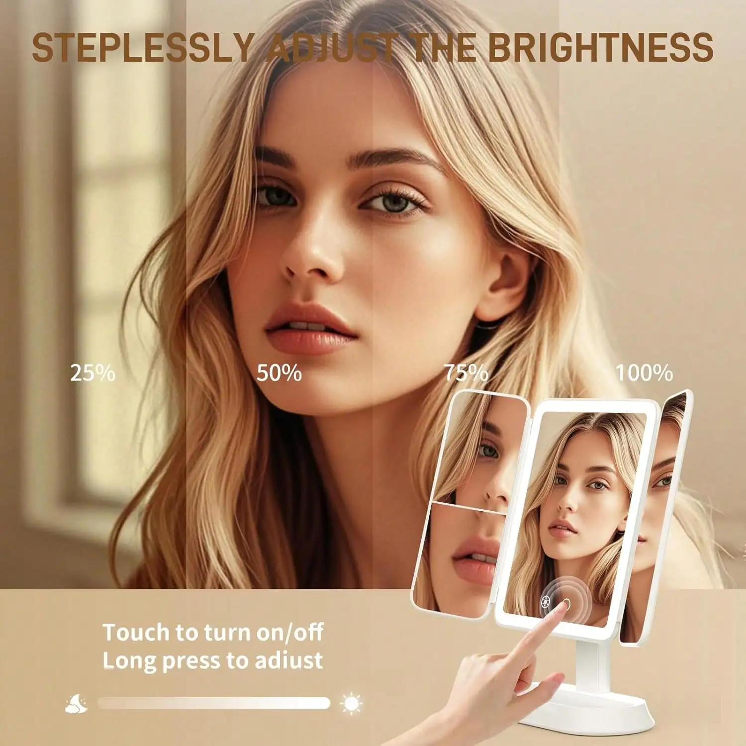 Back to School Portable LED Light Makeup Mirror, Vanity Mirror with Lights, 3-Fold Foldable Rechargeable Mirror with 2x, 3x & 10