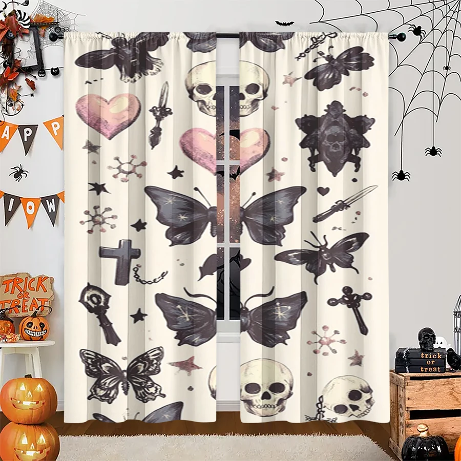 2PCS Digital Print Curtain, Butterfly Skull Dagger Cross Heart Beige, Gothic Retro Vintage for Living Room Bedroom Decor