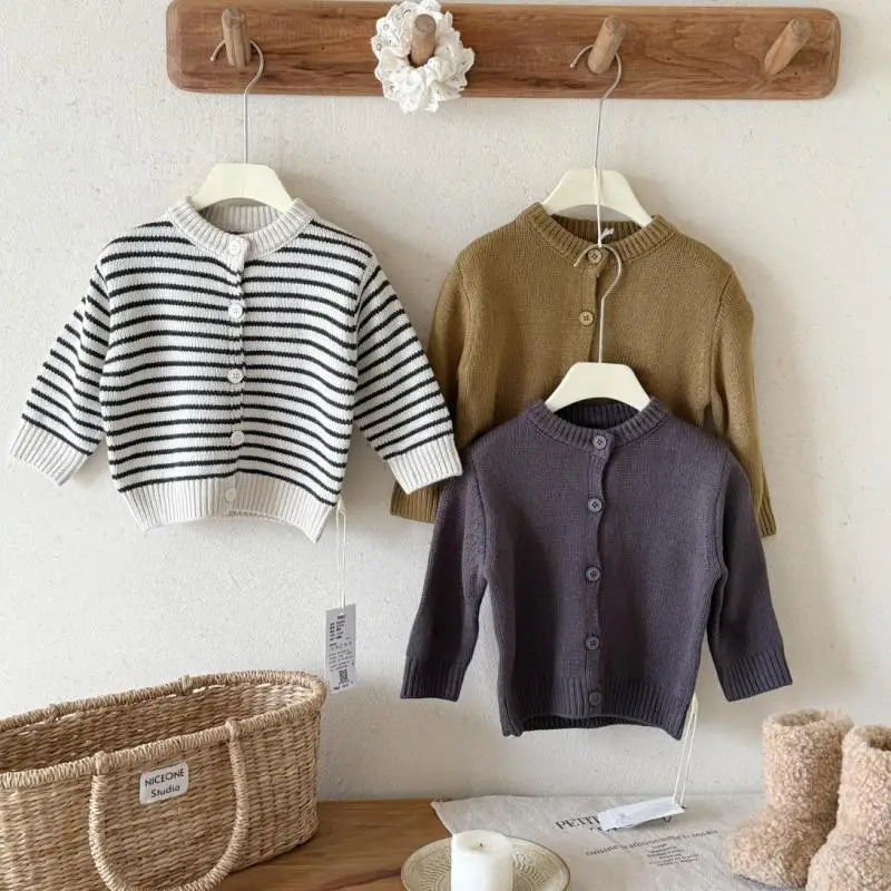 

2025 Autumn New Children Striped Knit Jacket Boys Girls Long Sleeve Casual Coat Baby Cotton Knitted Sweatshirt Kids Clothes