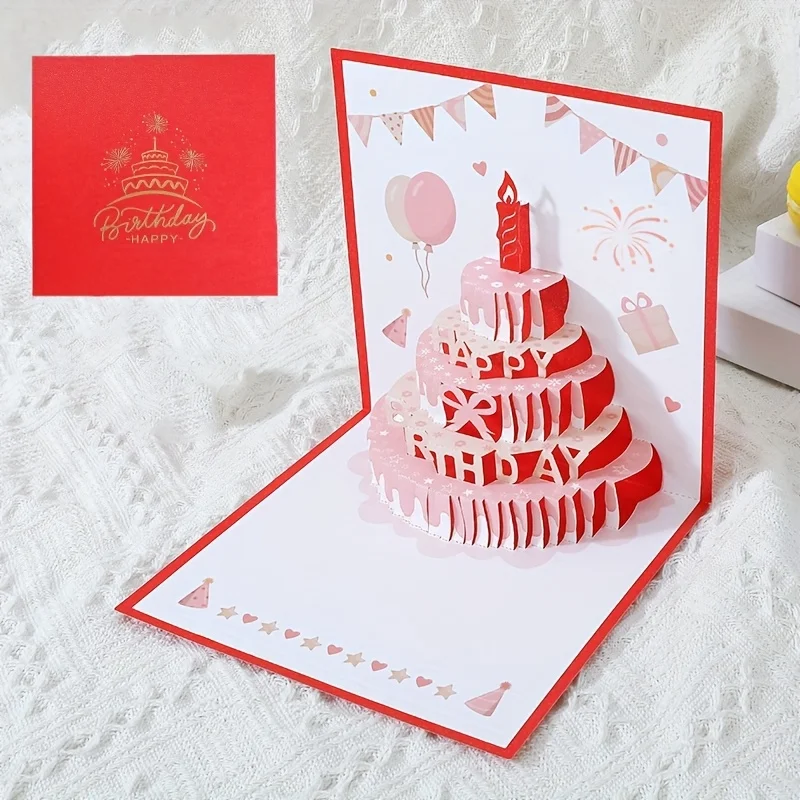 1-teilige Geburtstags-Grußkarte im 3D-Kuchen-Design mit farbenfrohem und niedlichem Pop-Up-Stil, perfekt für Geschenke und inklusive Umschlag. – Detail 4