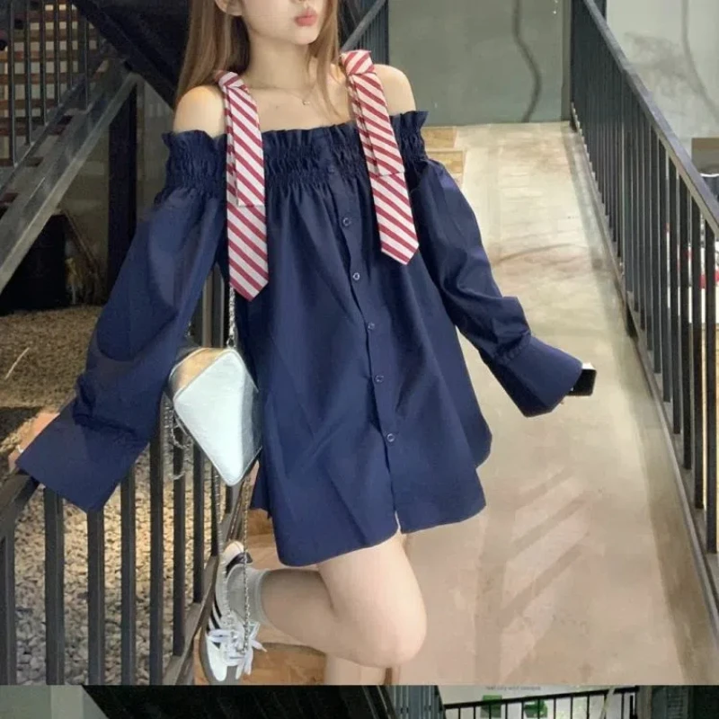 Preppy Style Loose Off Shoulder Blouse Spring Autumn Long Sleeve Solid Patchwork Fashion Shirt Tops Casual Trend Women Clothing