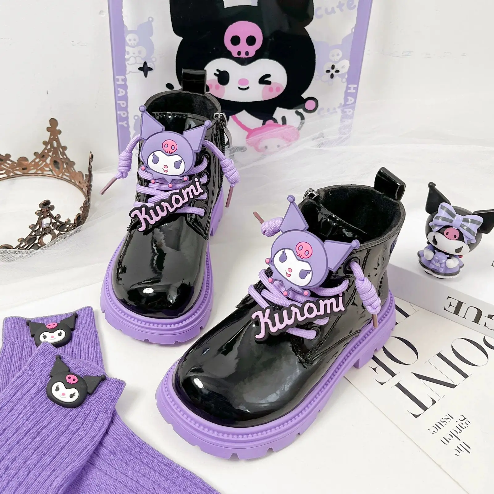 

Sanrio Kids Princess Shoes Cute Kuromi Soft Sole Girls Leather Boots Comfort Non-Slip Autumn Winter Children Short Cotton Boots