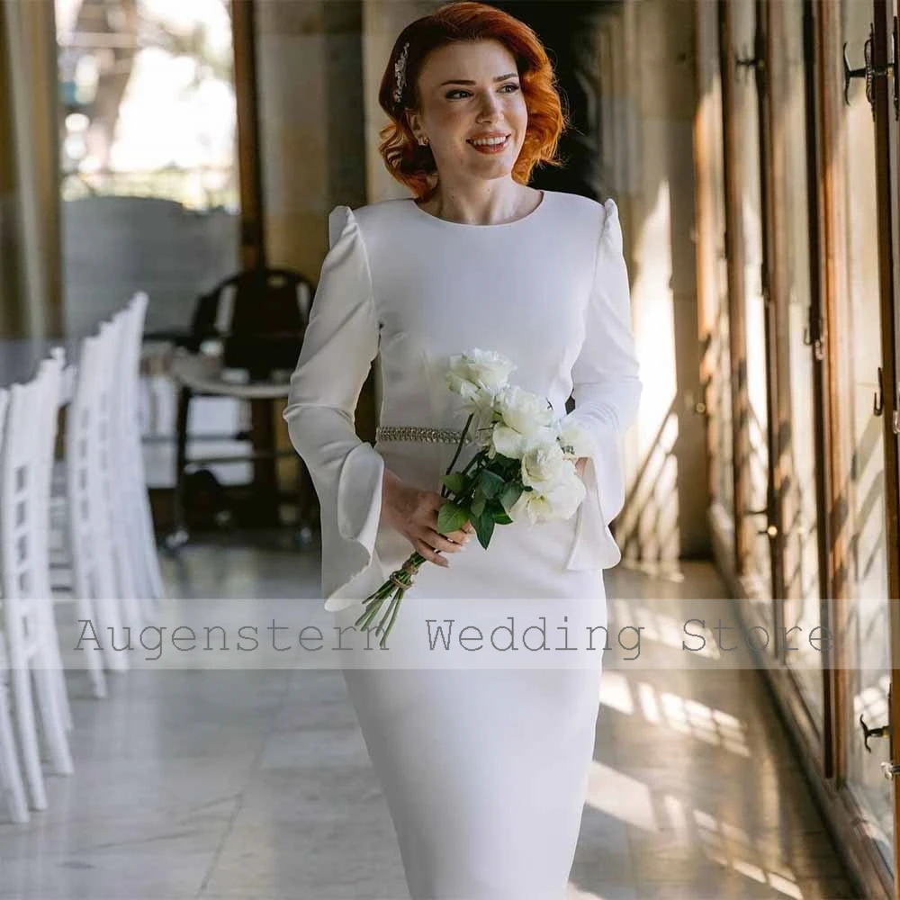 Classic Mother Of The Bride Dresses Jersey Sheath Wedding Party Dress White O-Neck Rhinestones/Crystals Midi Wedding Dress