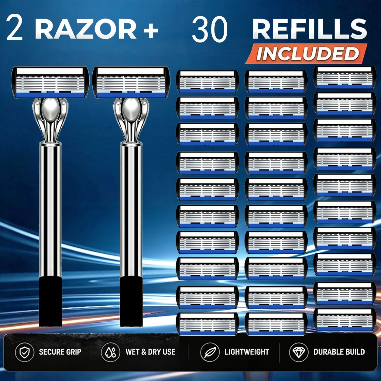 Safety Razor Handle - 2 handles, 30 blades, 6-layer safety