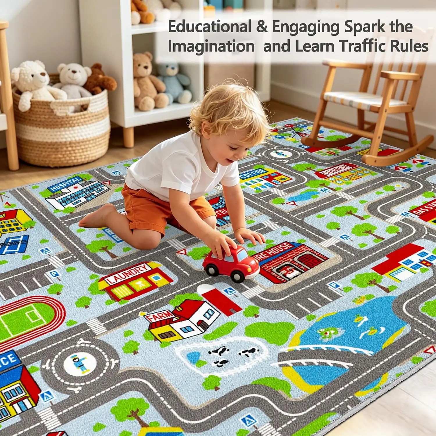Non-Slip Sky Blue City Road Map Rug, Kids Car Toy Track Playmat, Playroom Bedroom Classroom Decor Carpet
