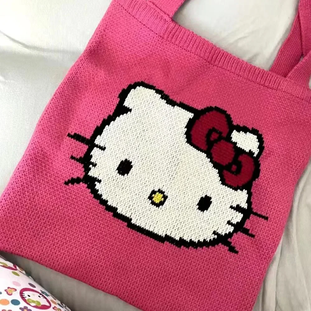 

Sanrio Hello Kitty Cartoon Knitted Bag Cute Children's Fun Handle One Shoulder Large Capacity Instagram Handbag Tote Bag Gifts