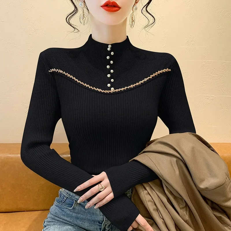 2024 Autumn New Fashion Beaded Knitted Sweater Pullover Long-sleeved Femininity Slim-fitting Semi-turtleneck Chic Top