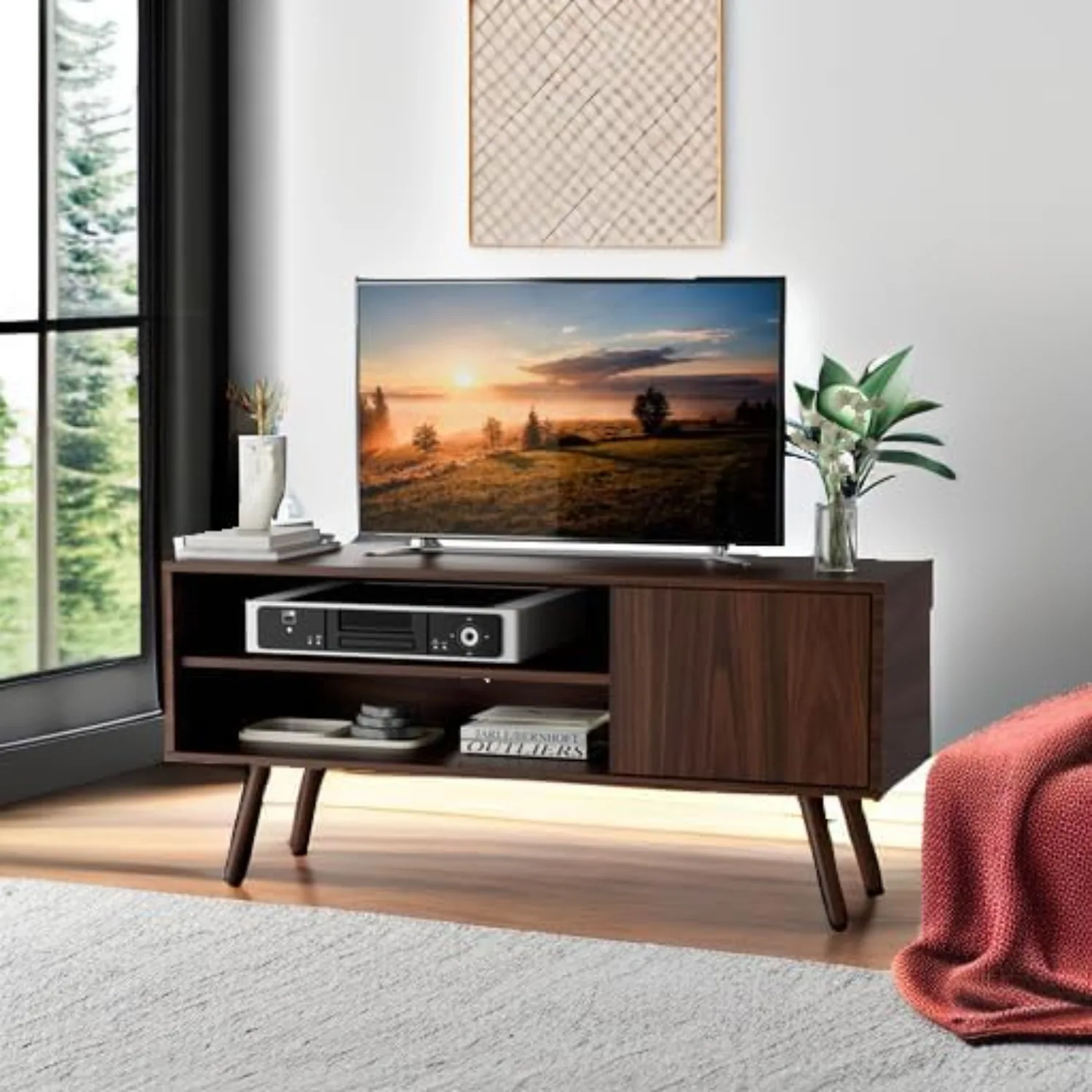 حامل تلفزيون لتلفزيون 48 بوصة، مركز ترفيه حديث لمنتصف القرن مع خزانة تخزين، وحدة تحكم وسائط التلفزيون لغرفة المعيشة #3