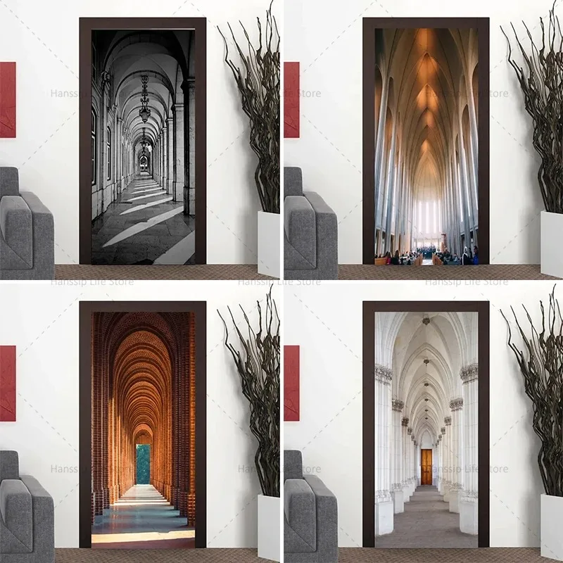 

3D Church Arch Door Sticker Removable Self Adhesive Home Decor Wallpaper Apartment Elevator Renovation Door Mural Decals