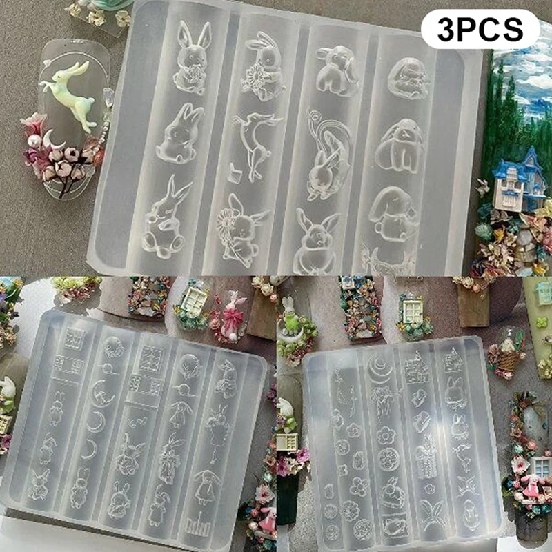 3 stuks leuke cartoon siliconen nail art schimmel konijn maan cake maan 3d acryl bloemen nagels sjablonen diy manicure schimmel gereedschap