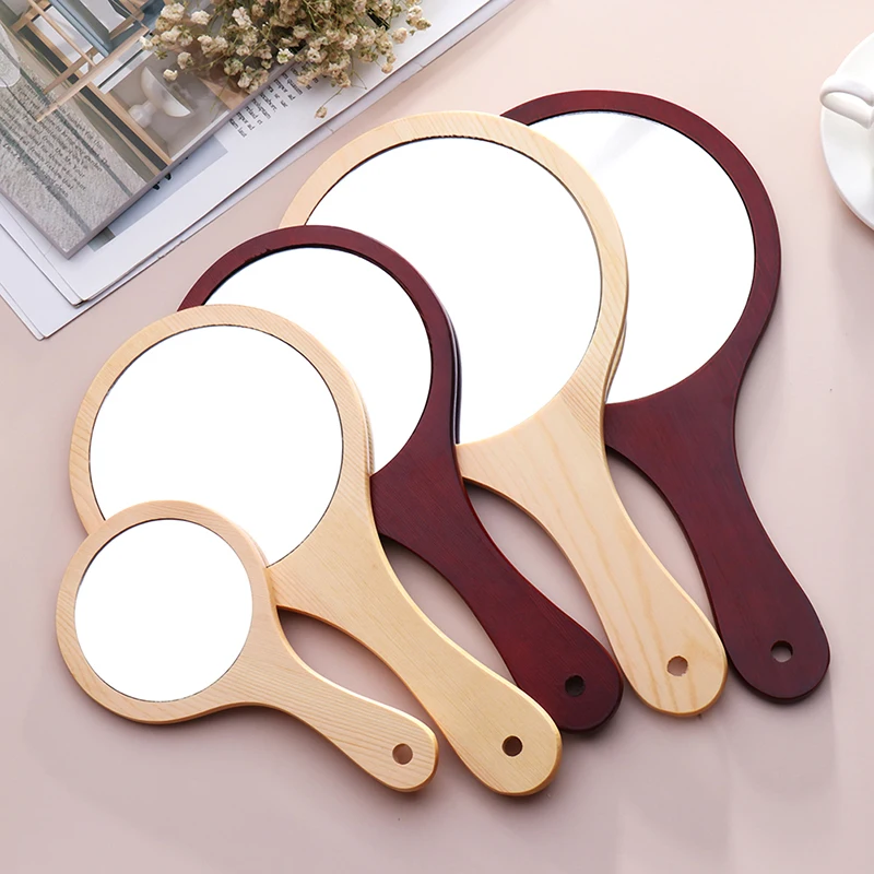 

GU262 Wooden Vintage Hand Mirrors Makeup Vanity Mirror Round Hand Hold Cosmetic Mirror With Handle For Gifts