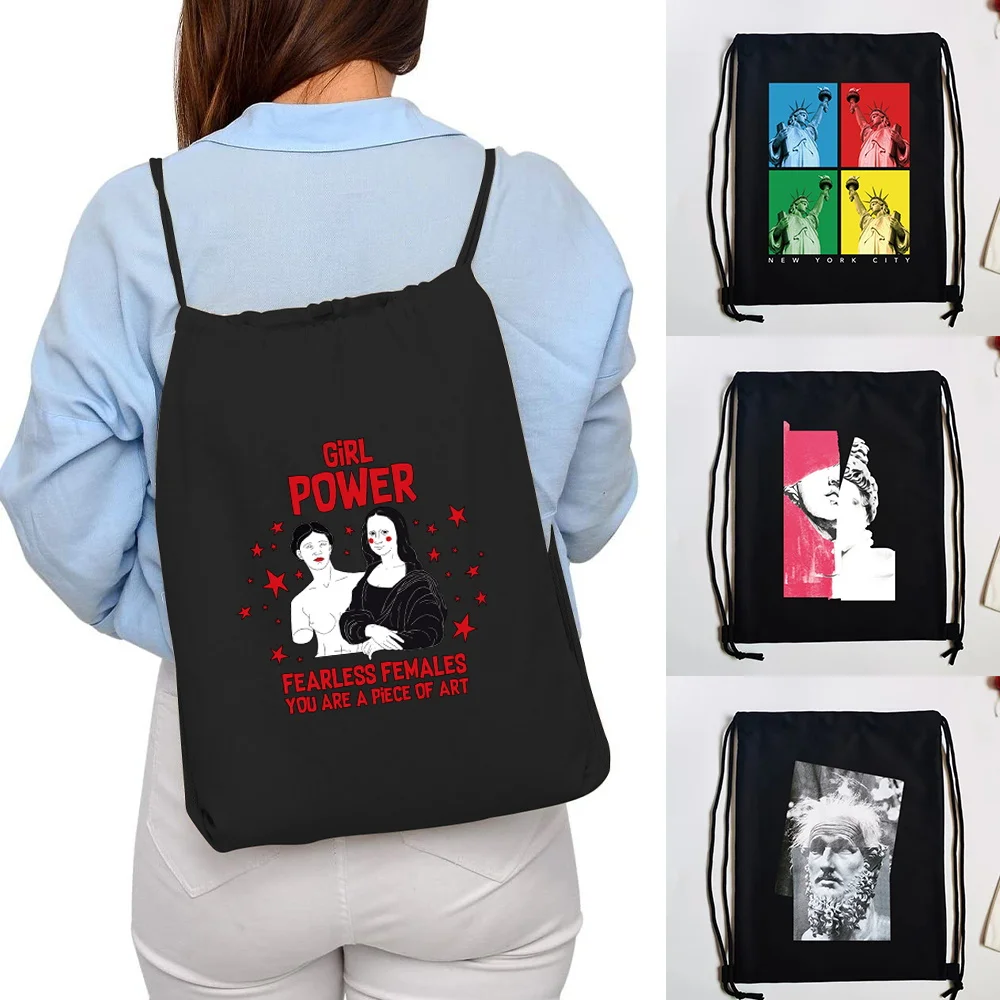 Popular Canvas Drawstring Bag Sculpture Print Sport Backpack Gym Shopping Bag Storage Travel Daypack