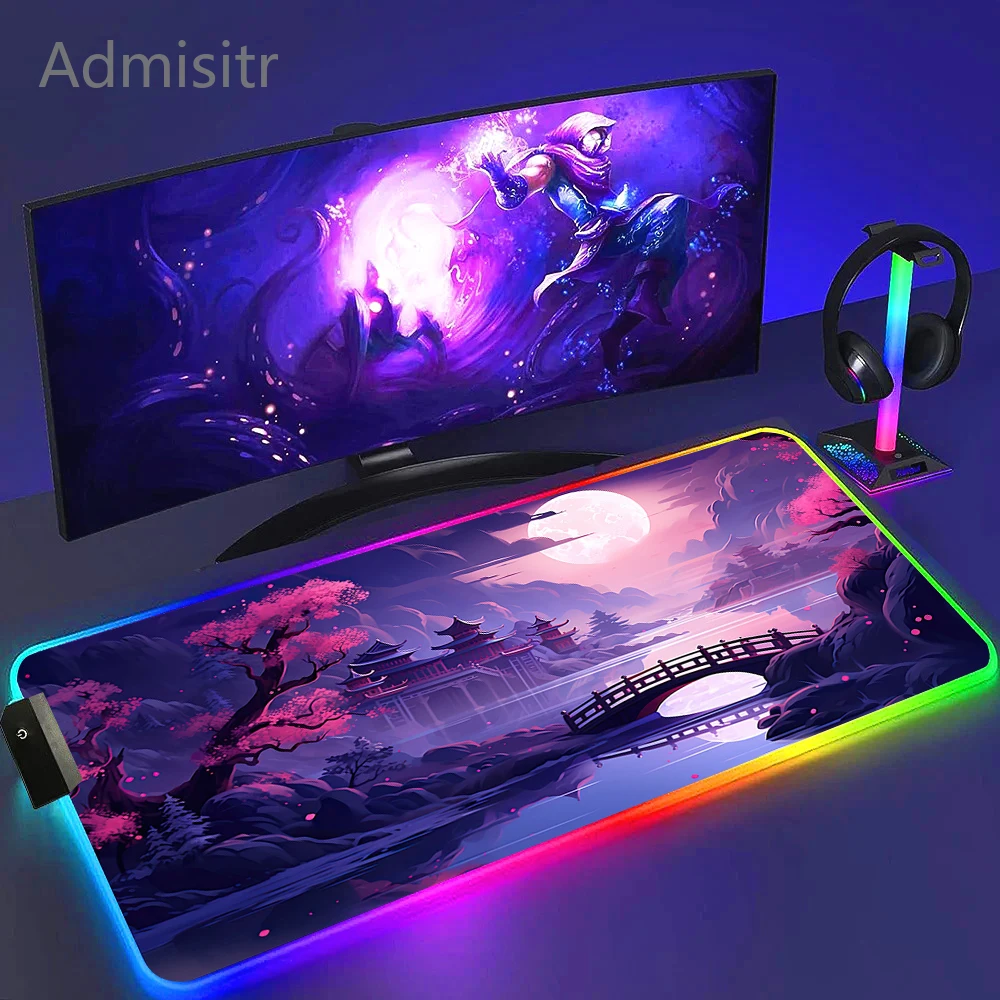 XXL коврик для мыши Starry Sky Moon RGB, компьютерный большой светодиодный настольный коврик, Shanshui Sakura, 90x40 см, коврик для клавиатуры с подсветкой, светящиеся коврики для мыши