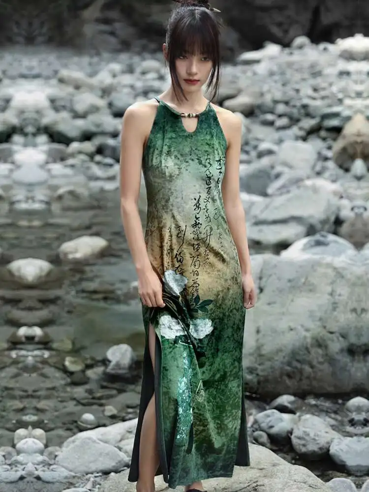 UMI MAO Hollow Out Cheongsam Improved Dress For Women Summer New Chinese Style High Slit Sleeveless Halter Neck Long Dress