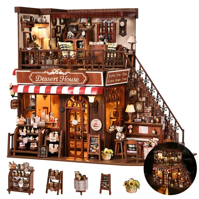DIY Book Nook Kit Cake Shop Wooden  Bookshop Dollhouse with Light Loveliness Bookshelf Decor Insert 3D Puzzle Decor Figurines