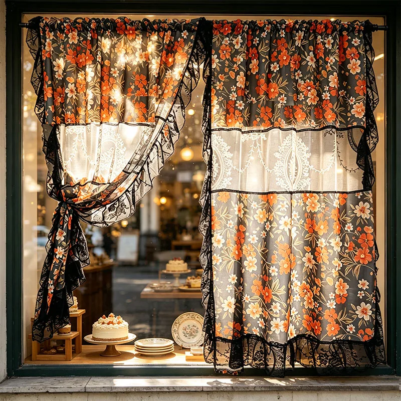 1pc American Country Mirror Floral Embroidered Spliced Curtain, Wavy Ruffle Edge Short Drape for Home Bay Window & Florist Decor