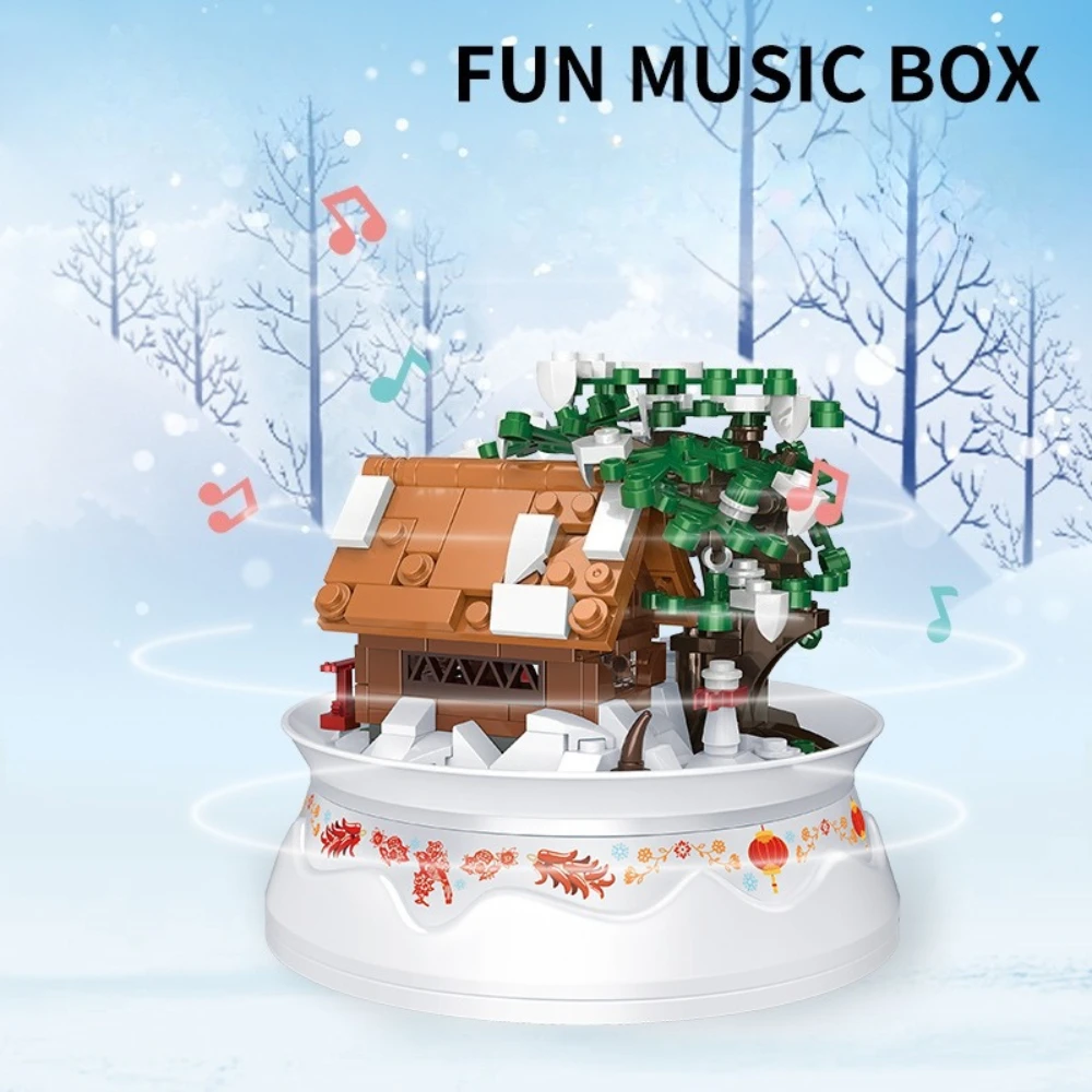 

MOC Рождественский снеговик, дерево-снеговик, вращающаяся музыкальная шкатулка, набор строительных блоков, снежный пейзаж, елка, игрушка для детей, праздничные подарки для детей