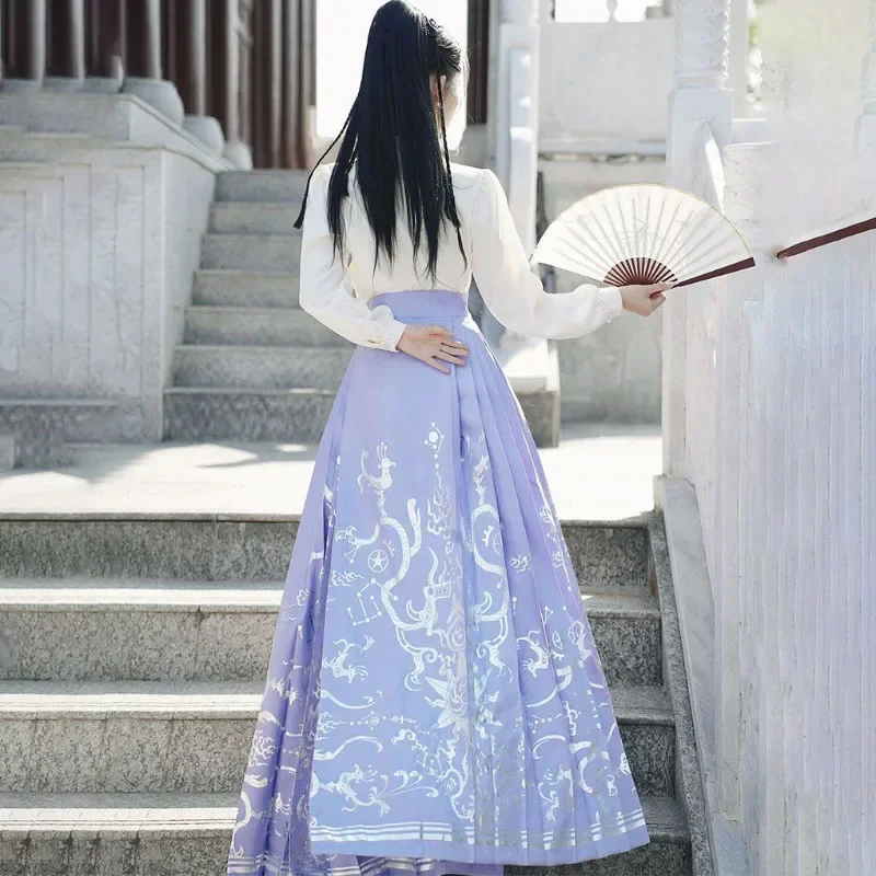 

New Chinese Improved Hanfu Women's Dancing Dress Loose Embroidered Shirt Long Sleeve Lilac Horse-Faced Skirt Two-Piece Set