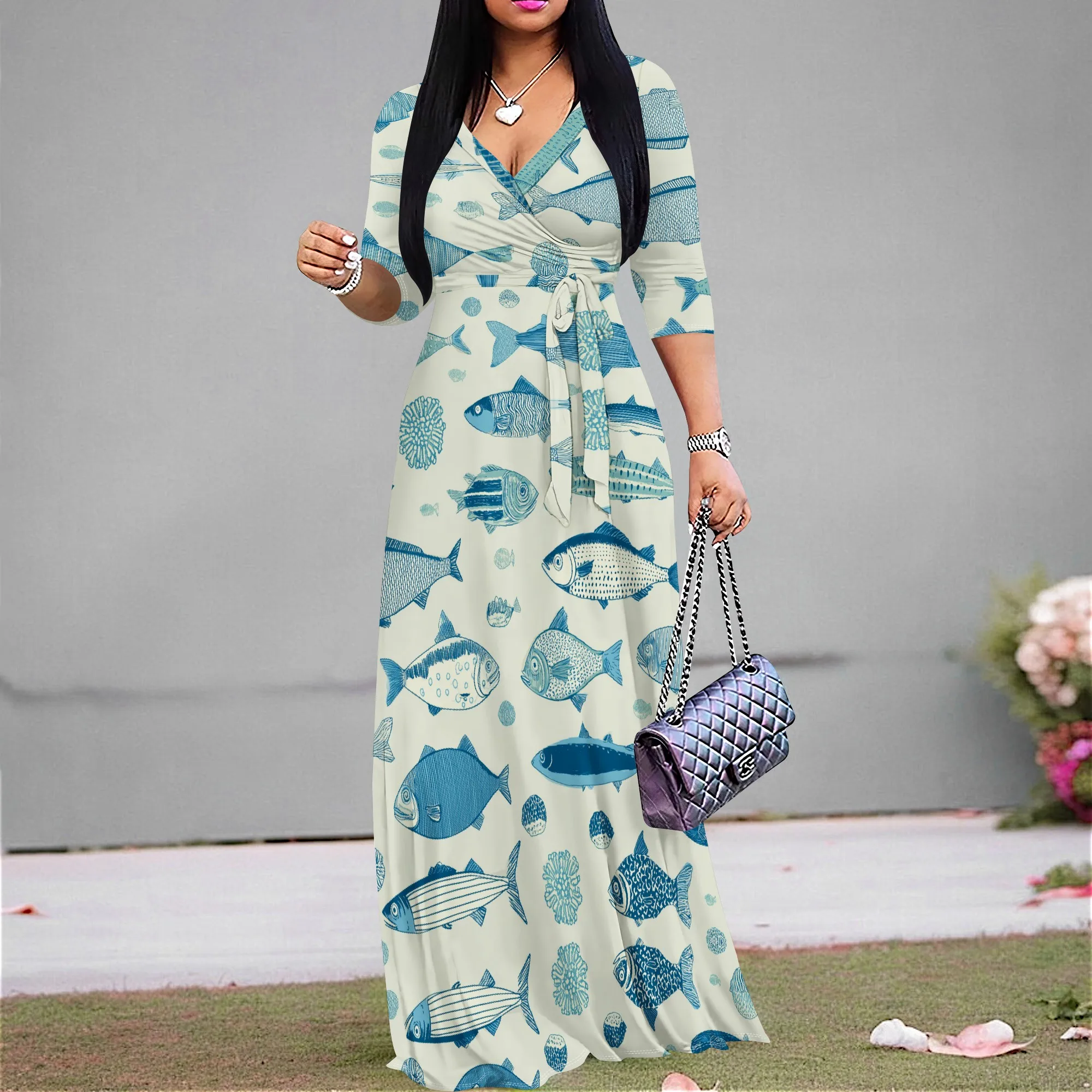 

2025 New Women's Fish Print Maxi Dress with Wrap Design for Beach Vacation Summer Casual Wear S-3XL