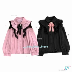 Jirai kei Blouse Girls Top Women Kawii Bow Pink Black White Blouse Long Sleeve Shirt Y2K Lolita Style Sweet Shirts for Women