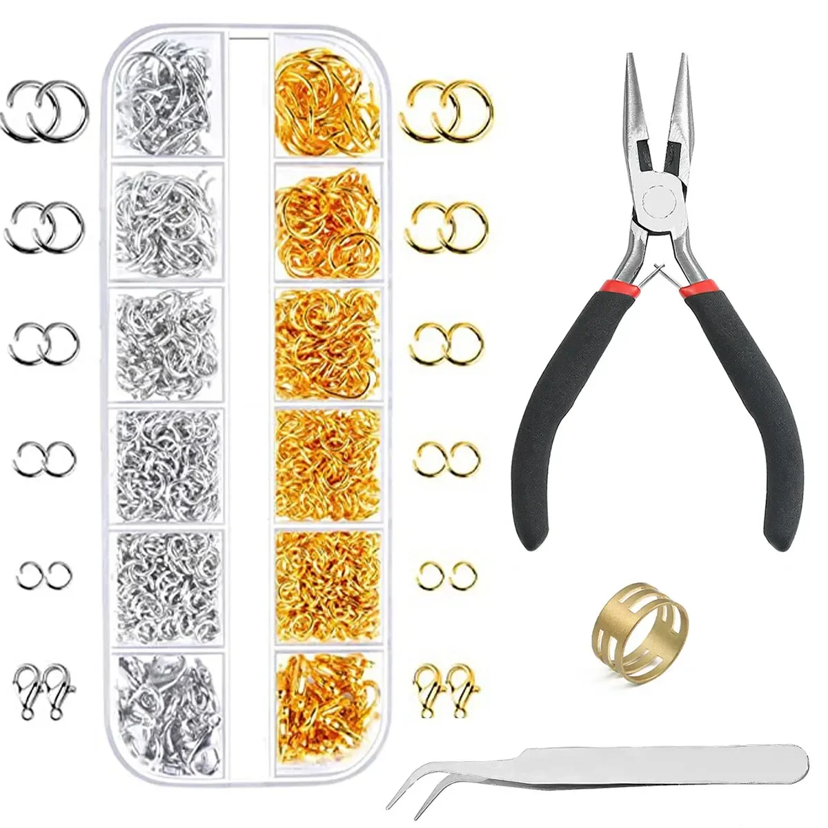 About1200pcs Gold Silver Open Jump Ring and Lobster Clasp Jewelry Accessory Set with Pliers