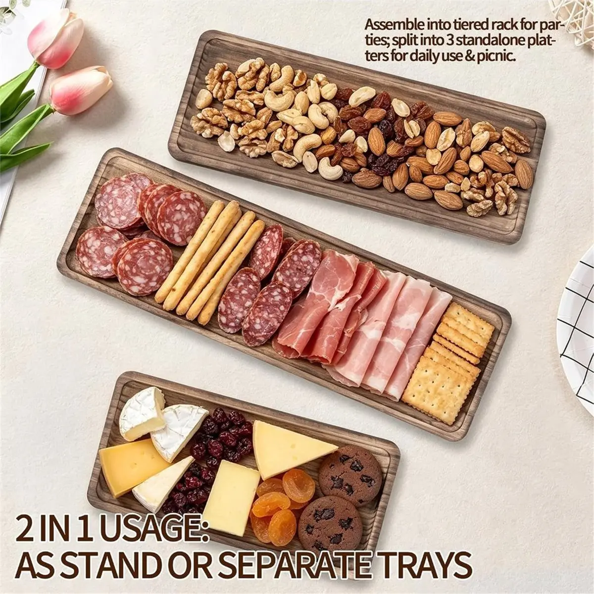 3 Tier Wood Foldable Serving Tray - Tiered Tray Stand for Cupcakes, Charcuterie, Fruit, Desserts - for Party, Wedding