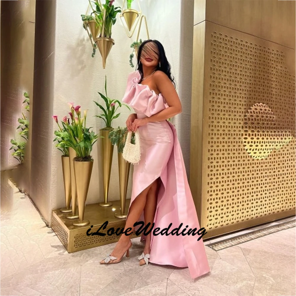 Abito da sera arabo lungo rosa vintage personalizzato con abiti da ballo pieghettati alla caviglia con volant dritto e monospalla per le donne