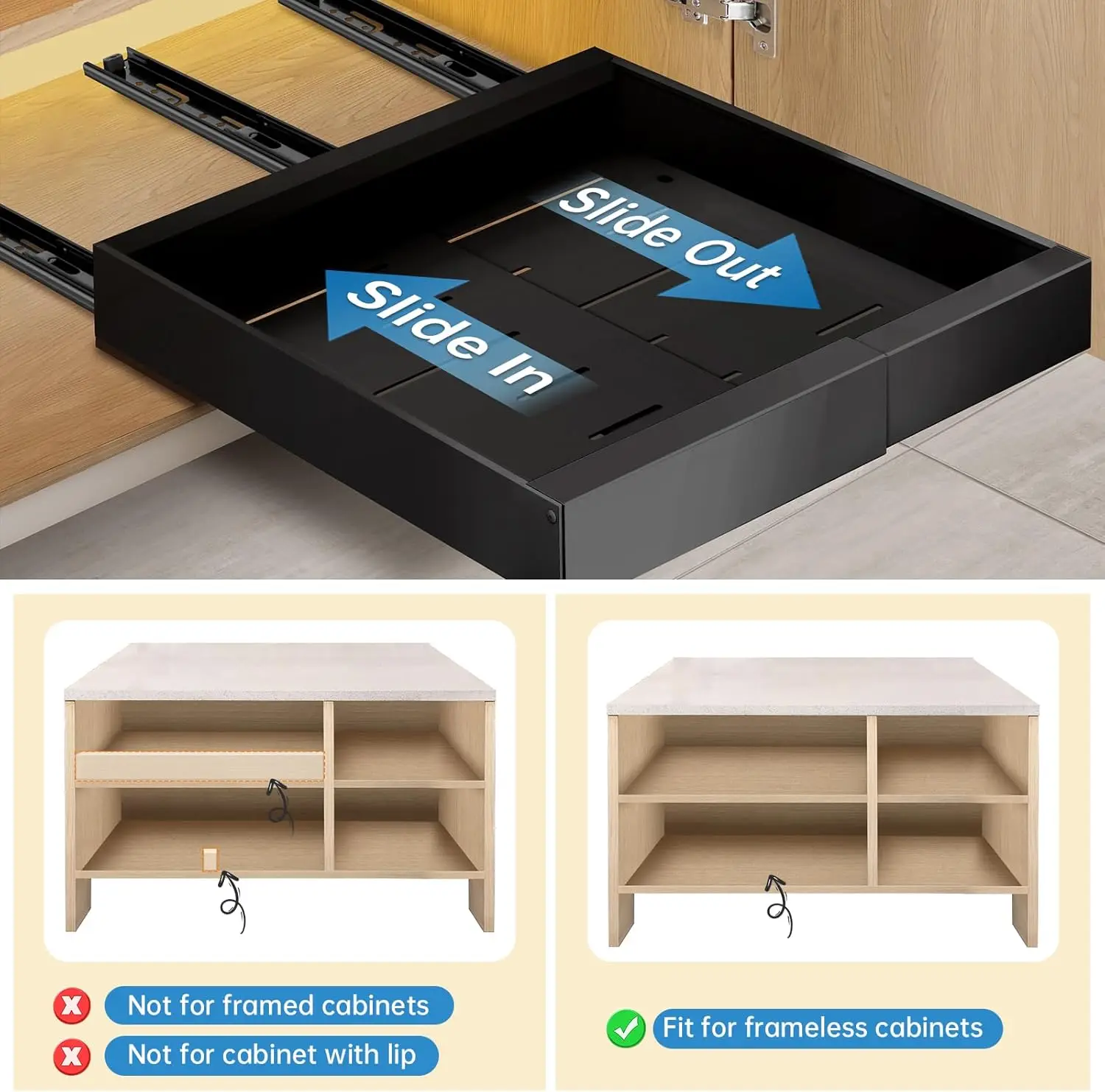 

Expandable Pull Out Drawer Organizer, 2-Pack Adhesive Slide Out Drawers For Kitchen Cabinets Pantry Sliding Drawer, Heavy Duty