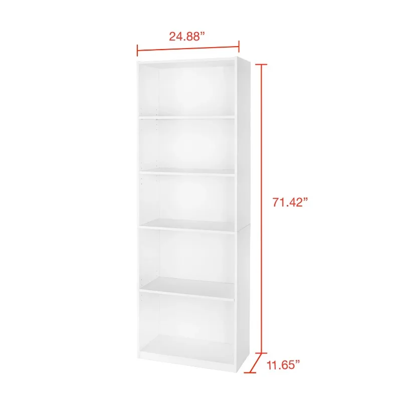 5-Shelf Bookcase with Adjustable Shelves, White