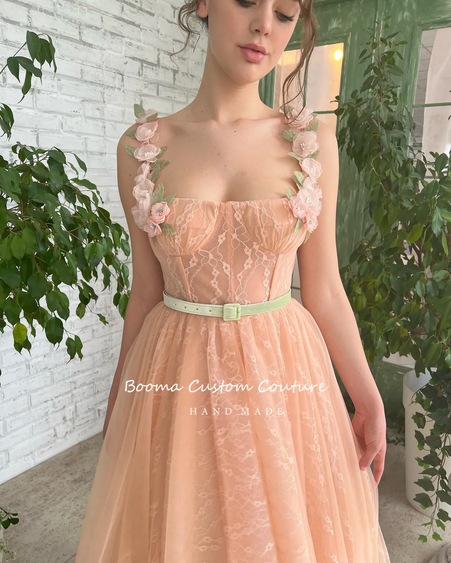 Booma 2022 Peach Lace Midi Prom Dresses Handmade Flowers Straps A-Line Wedding Party Dresses Tea-Length Short Evening Gowns