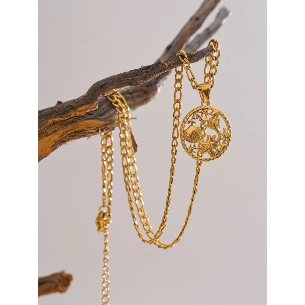 Yhpup Ocean Style Shell Starfish Round Pendant Necklace 18K Golden Plated Stainless Steel Trendy Holiday Beach Jewellery