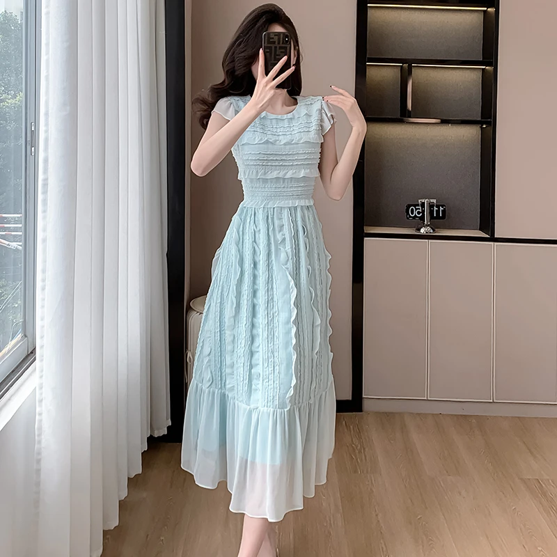 2024 New Summer Blue Chiffon Holiday Dress Fashion Sweet Women O Neck Short Sleeve Ruffles Fold Slim Waist Party Midi Clothes