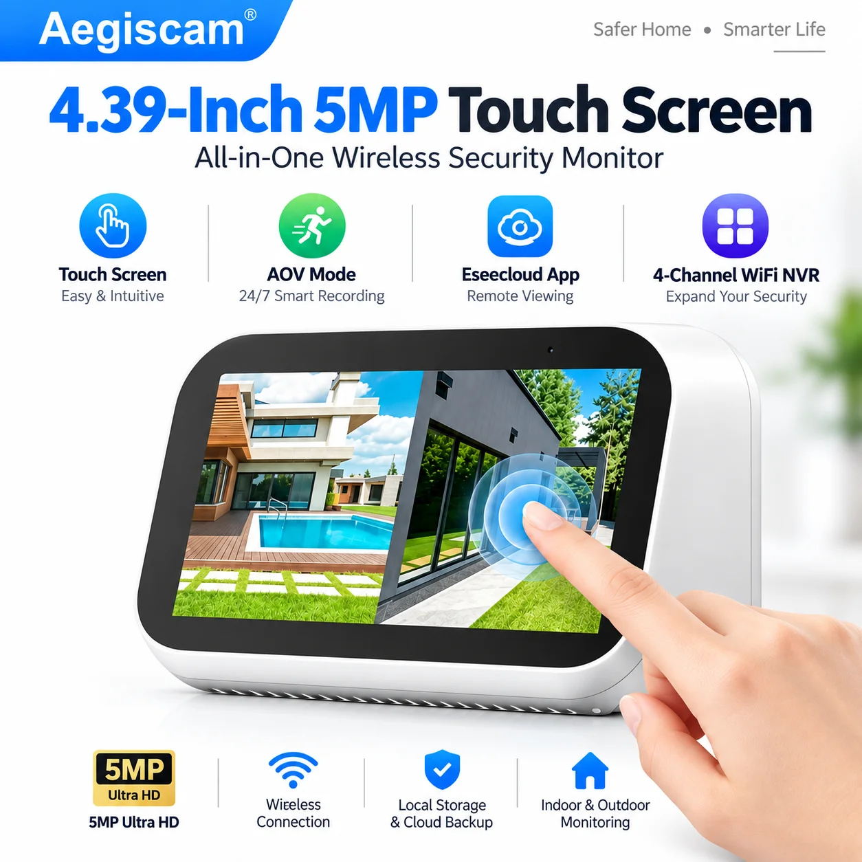 Image of 4CH 4,39'' 5MP Touchscreen WIFI NVR Videorekorder Audio EseeCloud CCTV-System Netzwerk P2P Videoüberwachungskamera RTSP IP PRo