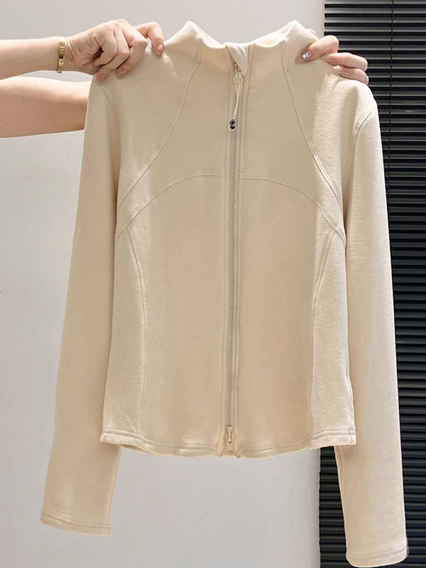 Elegant Simple Fashion Casual Slimming Women's T-shirt Spring 2026 Brand High-End Commute Style Long Sleeve Zipper Closure