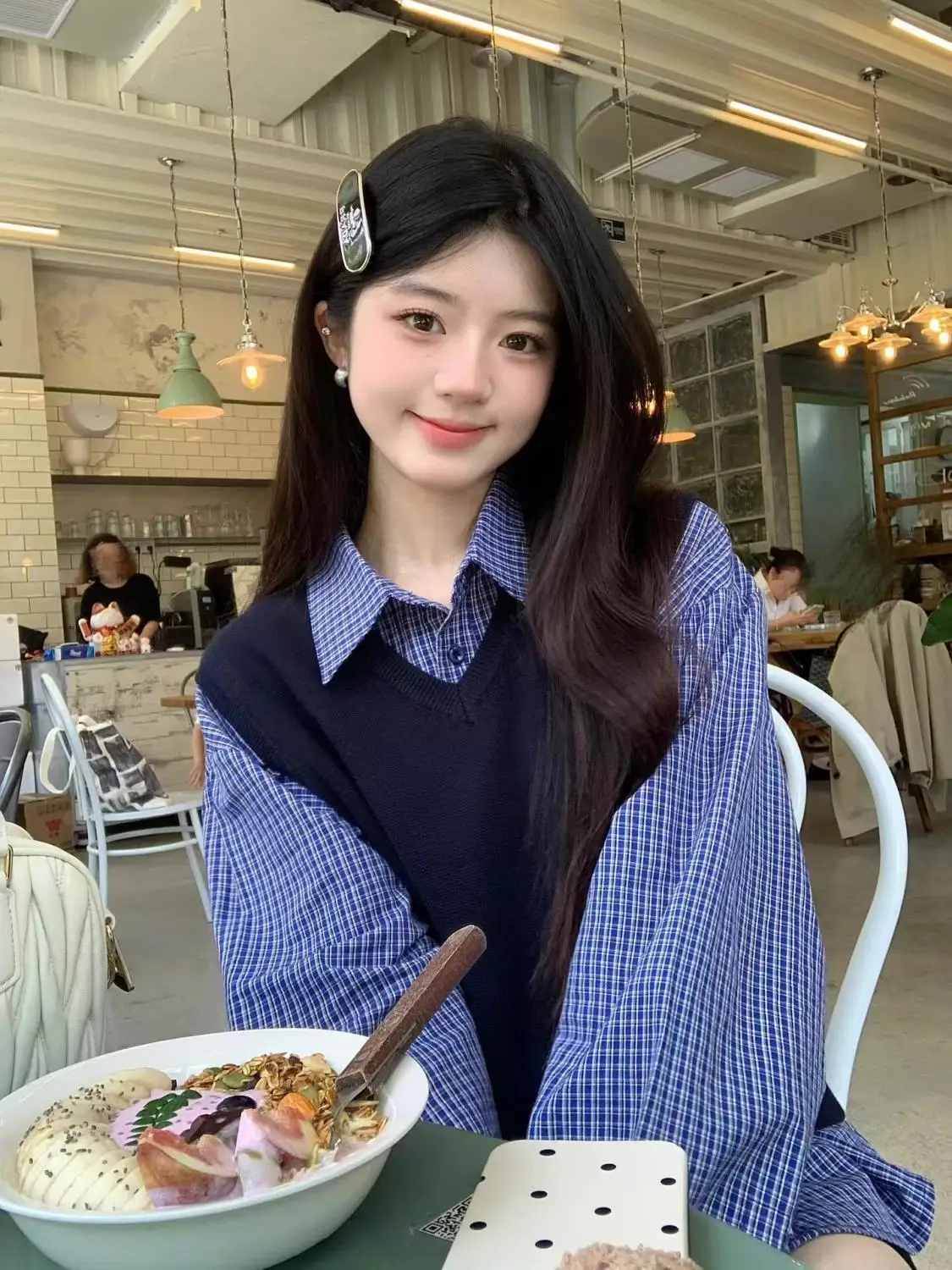 

Vintage V Neck Knitted Vests Sets Two Piece Korean Preppy Style Women Blue Plaid Long Sleeve Shirts Y2k Elegant