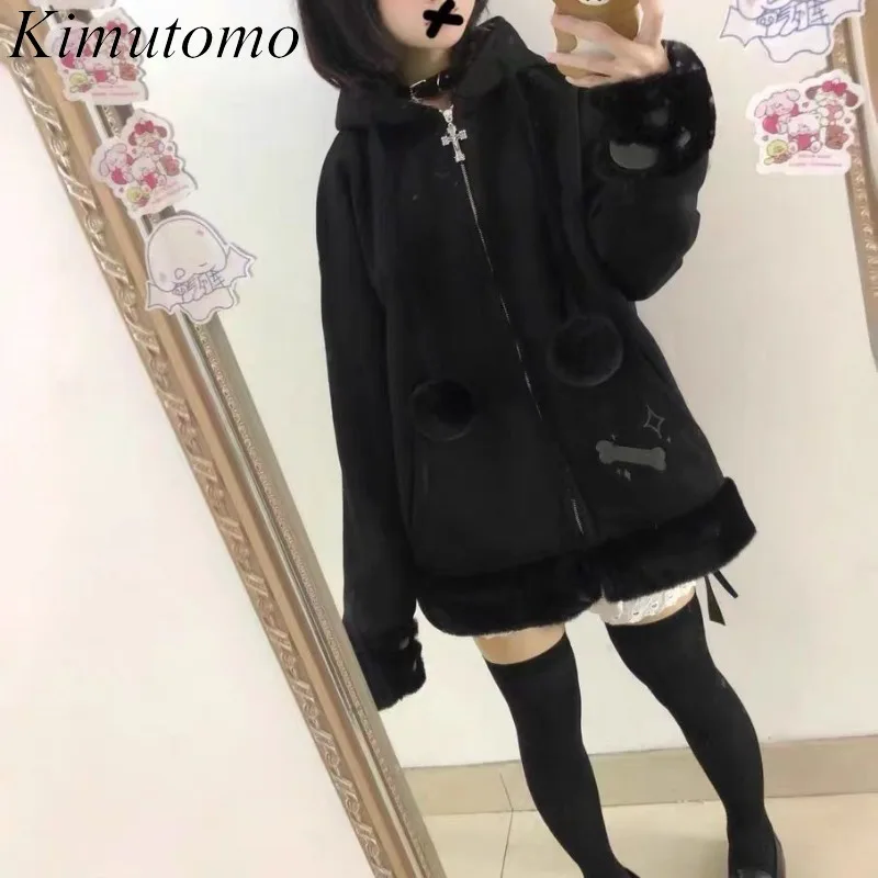 

Kimutomo Hoodies Women Cartoon Cat Plaid Patchwork Autumn Winter Vintage Sweet Y2k Aesthetic Harajuku Jackets Ladies Sweatshirt