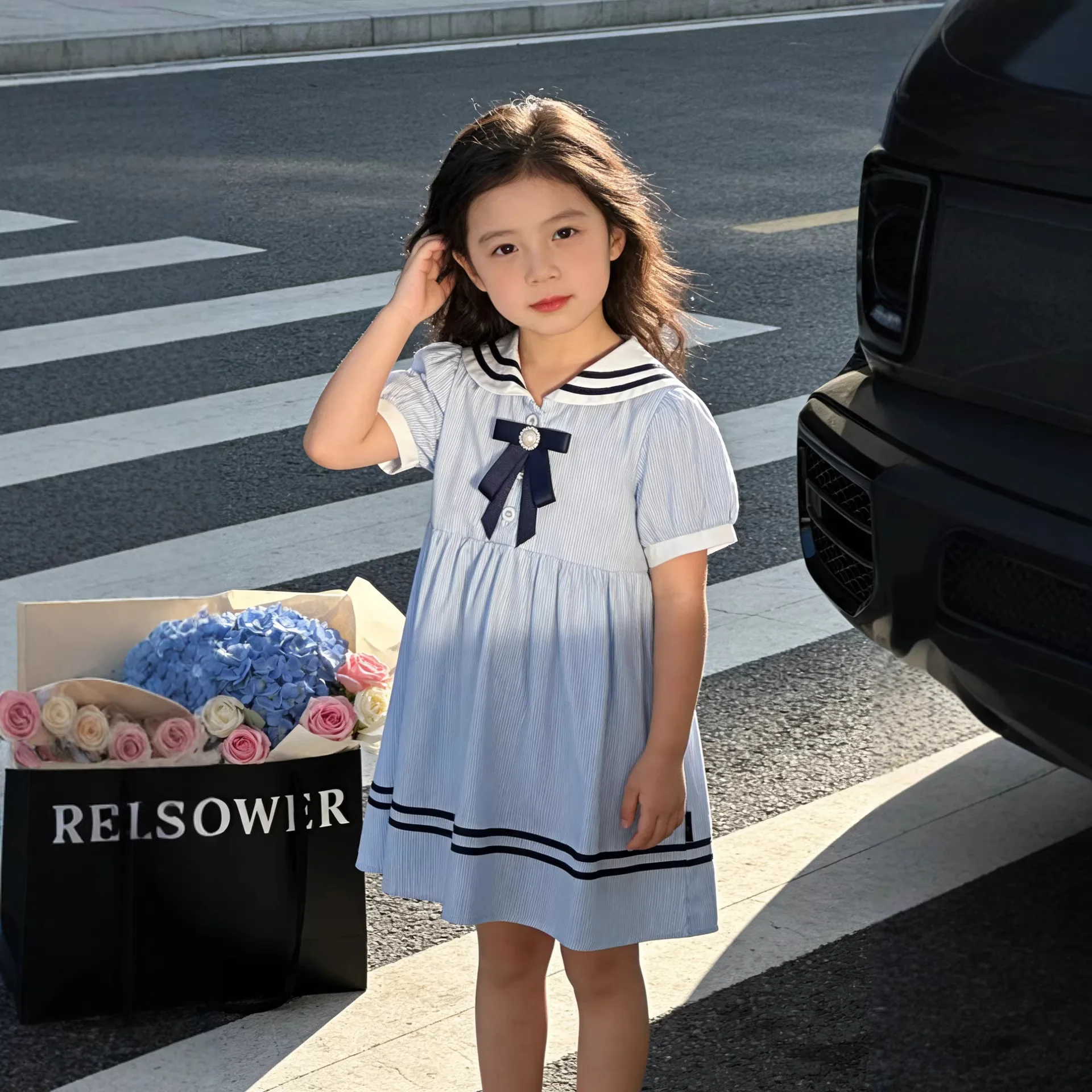 Girls Navy Collar Princess Dress 2026 Summer Korean Janpn Style Bow Decor Campus Fashion Kids Dress For Middle Little Girls
