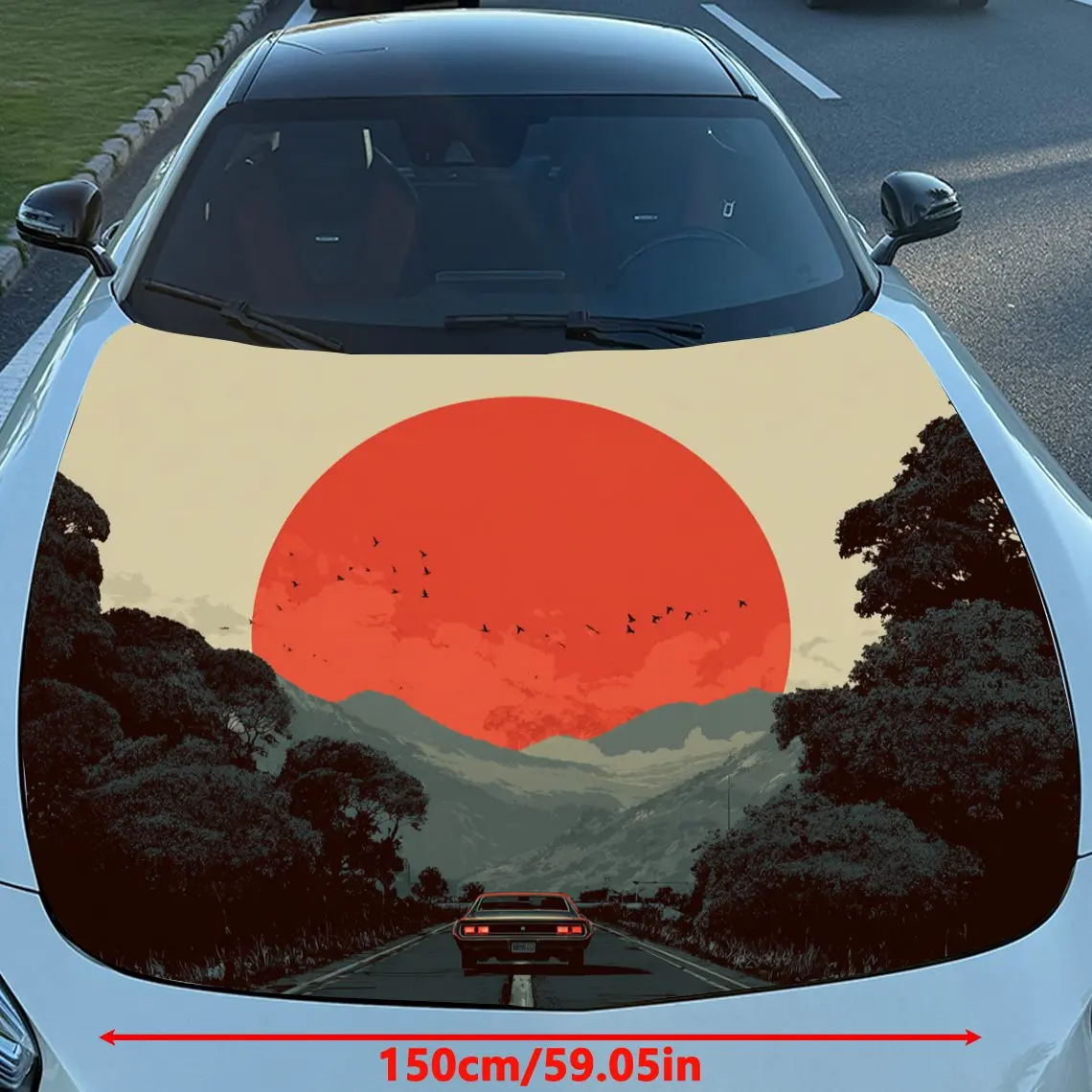 Artistic Sunset - And - Mountain Car Hood  Stickers - Self-Adhesive, Waterproof and Durable Vinyl Wrap, Decorate And Protect You