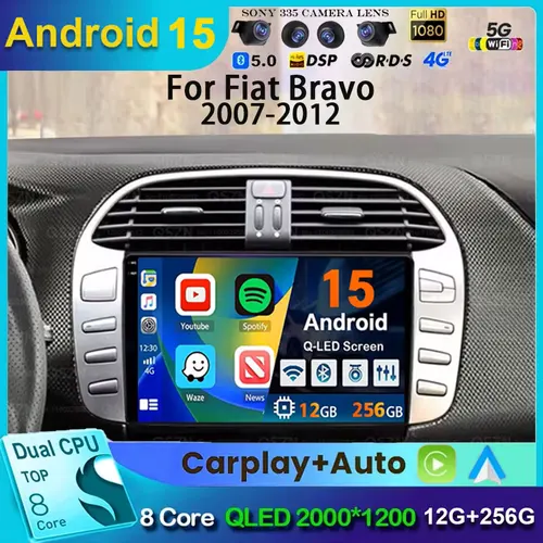 Android 15 para Fiat Bravo 198 2 II 2007 -2014 2K QLED Android Radio de coche reproductor de vídeo Multimedia GPS estéreo CarPlay 4G unidad principal