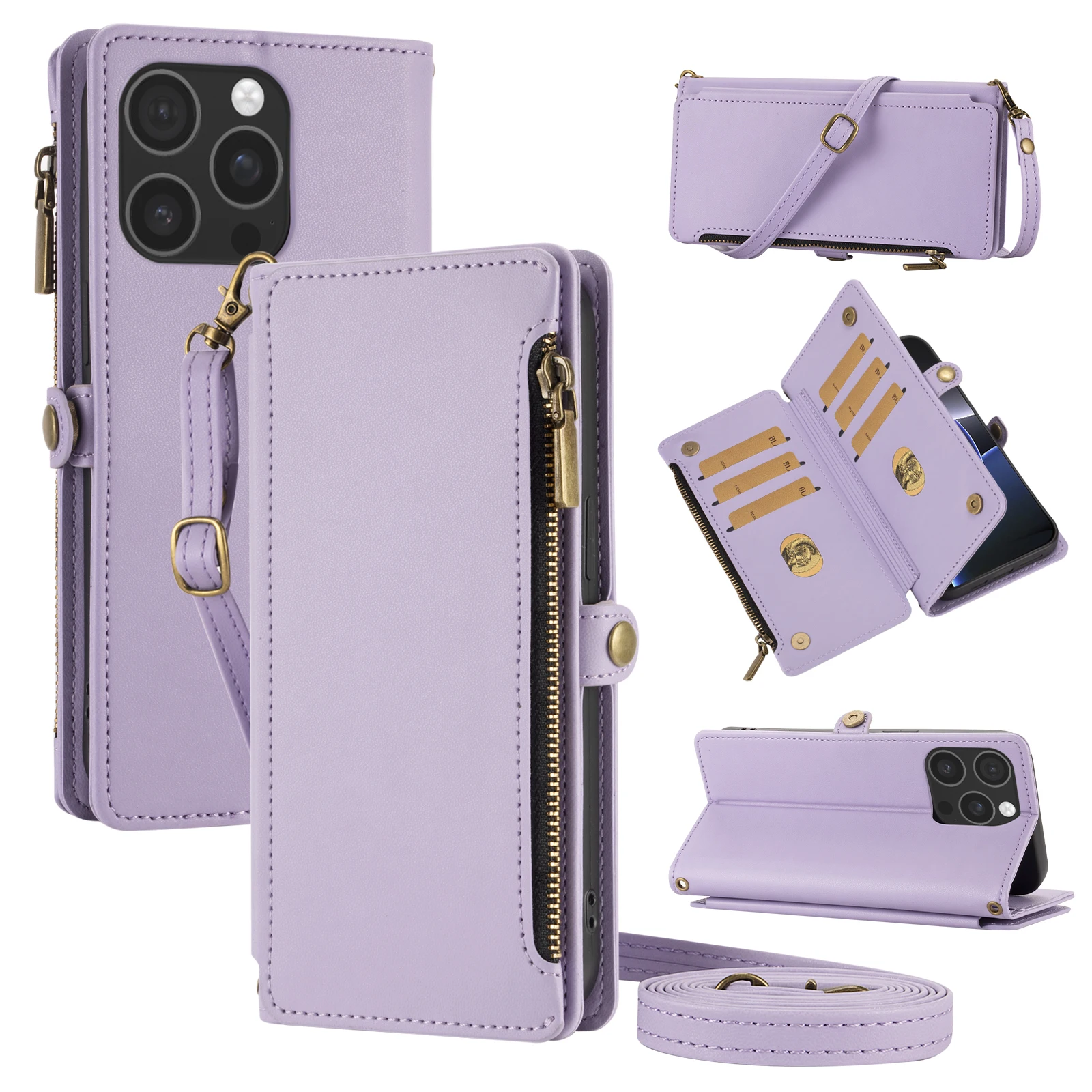Handyhülle im Wallet-Stil mit mehreren Kartenfächern und langem Riemen zum Umhängen, Schutzhülle mit Reißverschluss für Münzen, Kunstleder-Schutzhülle für iPhone 17 Pro Max/16/15/14/13 – Detail 5