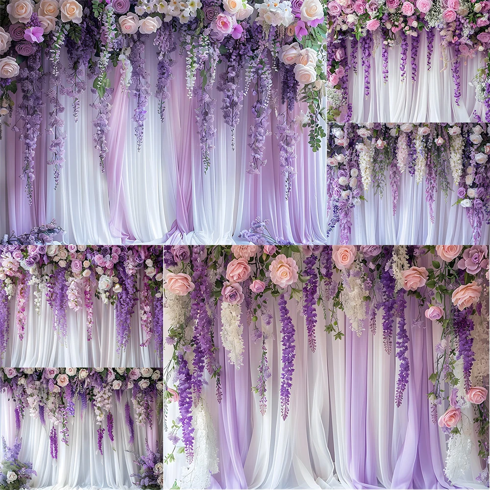 

Wedding Photography Backdrops Purple Colorful Curtains Flowers Floral Baby Cake Birthday Portrait BackgroundS Photo Studio