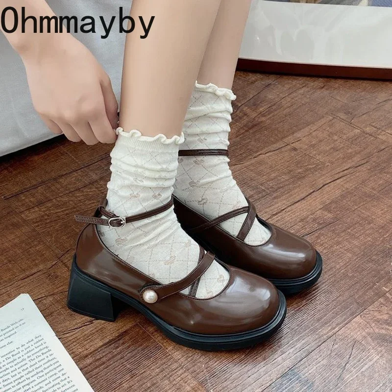 Retro Style Thick Heel Women Mary Jane Shoes Fashion Shallow Shoes Spring Autumn Ladies Elegant Dress Pumps