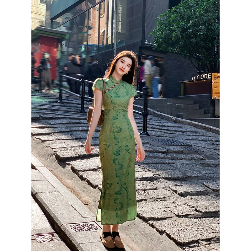 

Danqing Зеленое новое женское летнее платье Cheongsam в китайском стиле с разбитым цветком