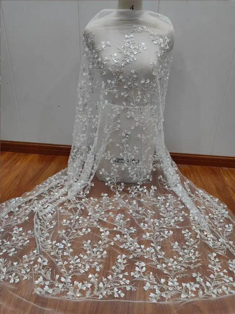 

Lace Mesh Fabric Love Flower Branch Wedding Dress Fabric Sequin Nail Embroidery Fabric DIY Dress Accessories
