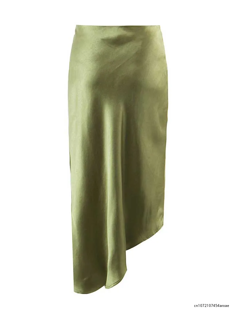 2023 Women New Design Summer Skirt Solid Yellow Green High Waist Female Side Split Sexy Ladies Silk Skirts