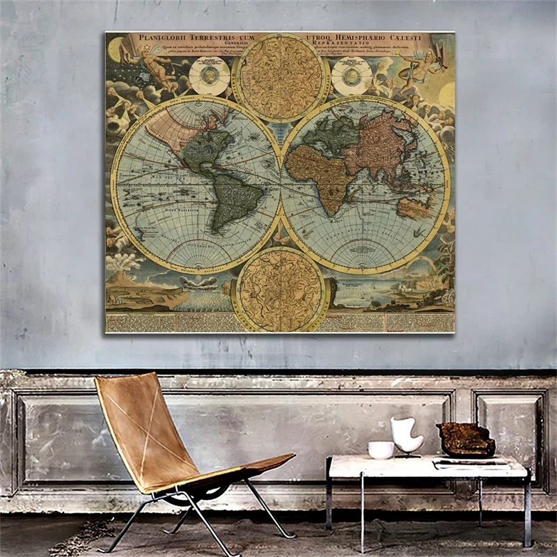 Pintura en lienzo con mapa Retro del mundo para niños, Póster Artístico de pared Vintage, decoración del hogar para sala de estar, suministros escolares, 60x60cm